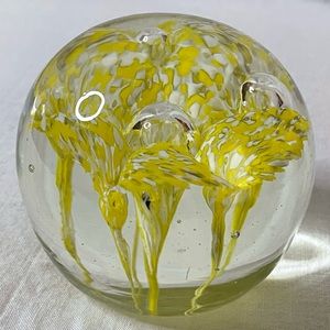 Vtg Art Glass paperweight. Yellow and clear explosion. Round 3” across.